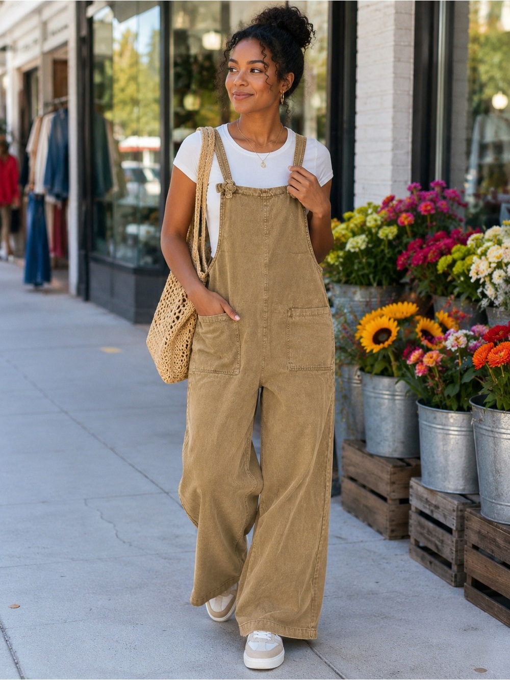 NWT Zenana Khaki Denim Overall Jumpsuit Womens M Wide Leg Tie Strap Pockets